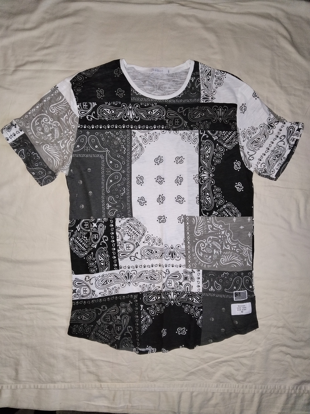 Men's Black & White Patchwork Bandana Print Crew Tee